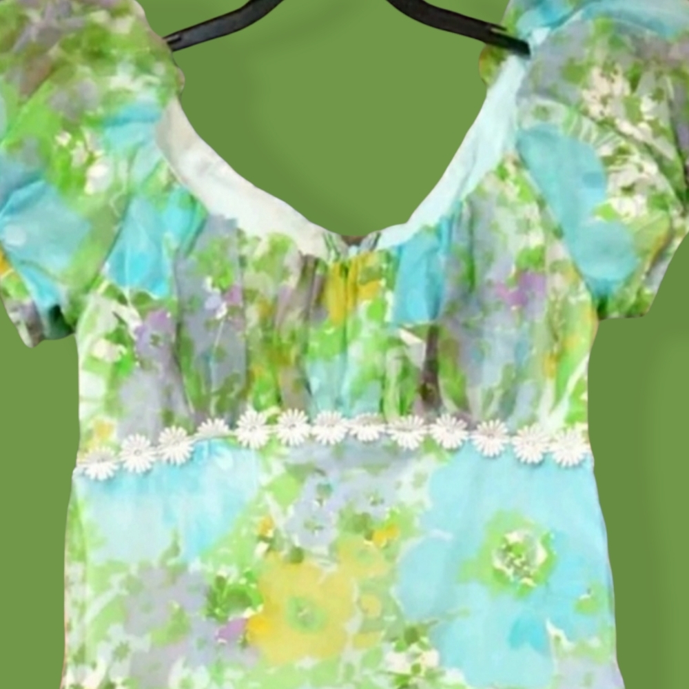 Vintage 1960s Hippie Woodstock Daisy Empire Maxi Dress - Picture 10 of 16